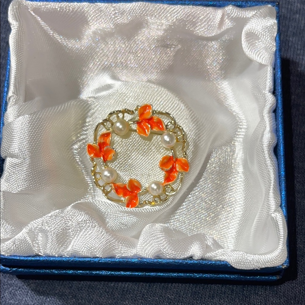 Vintage Gerry’s circle Gold and Orange leaf and pearl Brooch